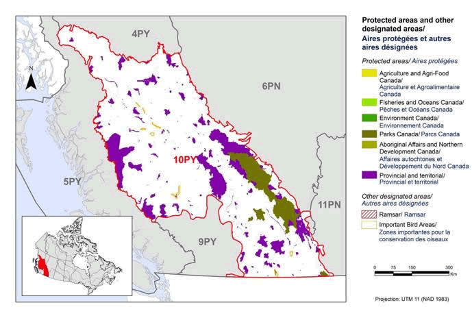 Figure 2. Map of protected and designated areas in BCR 10 Pacific and Yukon Region: Northern Rockies