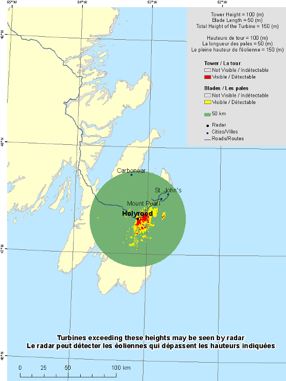 This map shows a view of the Holyrood weather radar located at coordinates 47.32642° latitude and -53.12648° longitude. A circle is defined around the radar with a radius of 50 km. There is also a coloured region indicating the locations where a turbine is visible to the radar. As well, major cities and roads are shown. An explanation on how to view this map can be found in the section “How to view the map”.