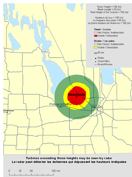 This map shows a view of the Woodlands weather radar located at coordinates 50.15297° latitude and -97.77994° longitude. A circle is defined around the radar with a radius of 50 km. There is also a coloured region indicating the locations where a turbine is visible to the radar. As well, major cities and roads are shown. An explanation on how to view this map can be found in the section “How to view the map”.