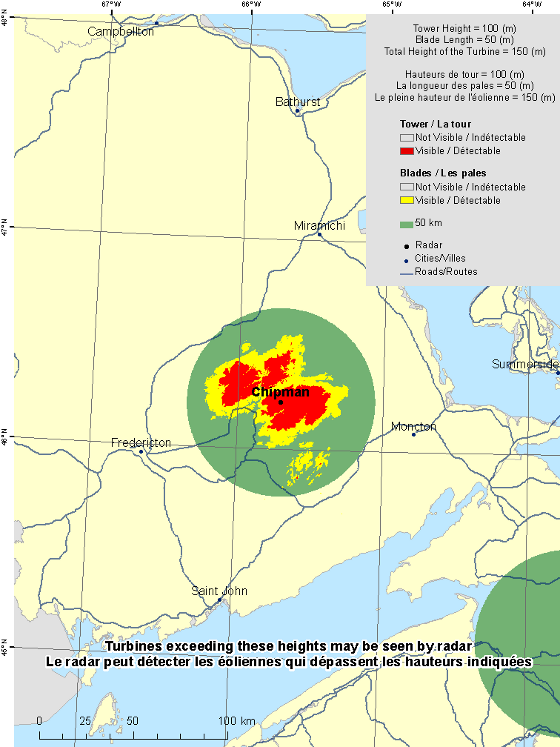 This map shows a view of the Chipman weather radar located at coordinates 46.22211° latitude and -65.69917° longitude. A circle is defined around the radar with a radius of 50 km. There is also a coloured region indicating the locations where a turbine is visible to the radar. As well, major cities and roads are shown. An explanation on how to view this map can be found in the section “How to view the map”.