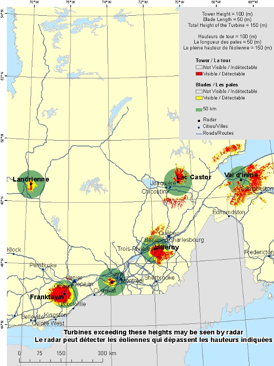 La présente carte illustre les sites radars se trouvant au Québec. Un cercle défini représentant un rayon de 50 km est tracé à partir de chaque radar, indiquant la zone de consultation. La région colorée autour de chaque radar indique les endroits où une éolienne peut être détectée par le radar. Les villes principales de la province sont indiquées. Une explication sur la façon de lire cette carte se trouve dans la partie « Examen de la carte ».