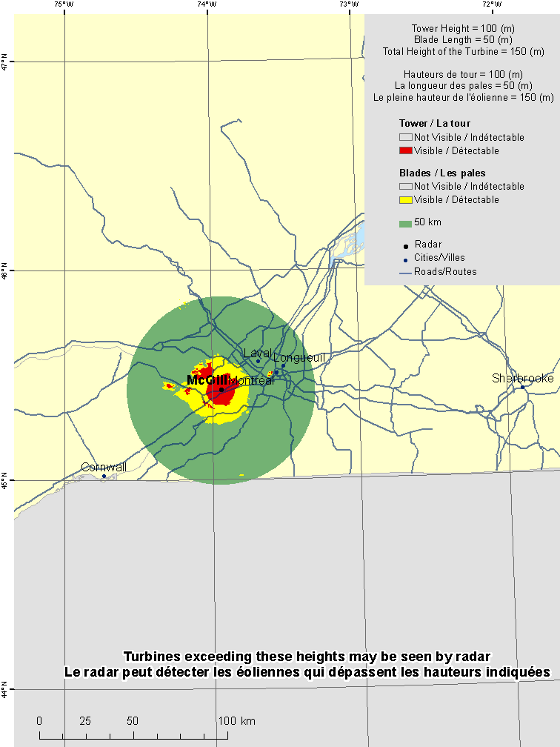 This map shows a view of the McGill weather radar located at coordinates 45.42414° latitude and -73.93744° longitude. A circle is defined around the radar with a radius of 50 km. There is also a coloured region indicating the locations where a turbine is visible to the radar. As well, major cities and roads are shown. An explanation on how to view this map can be found in the section “How to view the map”.