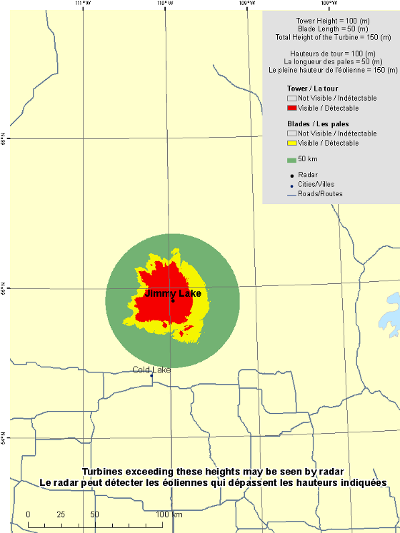 This map shows a view of the Jimmy Lake* weather radar located at coordinates 54.91314° latitude and -109.96003° longitude. A circle is defined around the radar with a radius of 50 km. There is also a coloured region indicating the locations where a turbine is visible to the radar. As well, major cities and roads are shown. An explanation on how to view this map can be found in the section “How to view the map”.