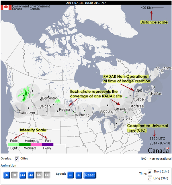 A map of Canada showing the coverage zones of Environment Canada’s radar stations. The map also explains all the labeling elements that are found on a typical national view radar image. See below for more details.