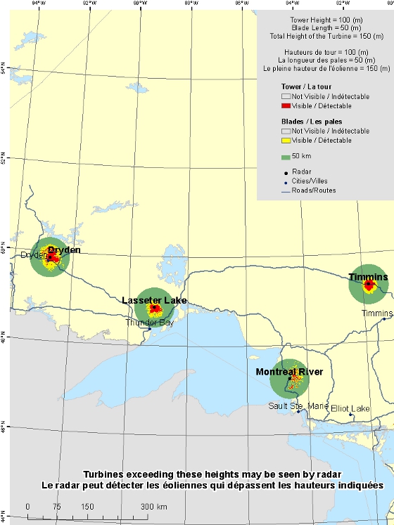 La présente carte illustre les sites radars se trouvant dans la région du nord de l'Ontario. Un cercle défini représentant un rayon de 50 km est tracé à partir de chaque radar, indiquant la zone de consultation. La région colorée autour de chaque radar indique les endroits où une éolienne peut être détectée par le radar. Les villes principales de la province sont indiquées. Une explication sur la façon de lire cette carte se trouve dans la partie « Examen de la carte ».