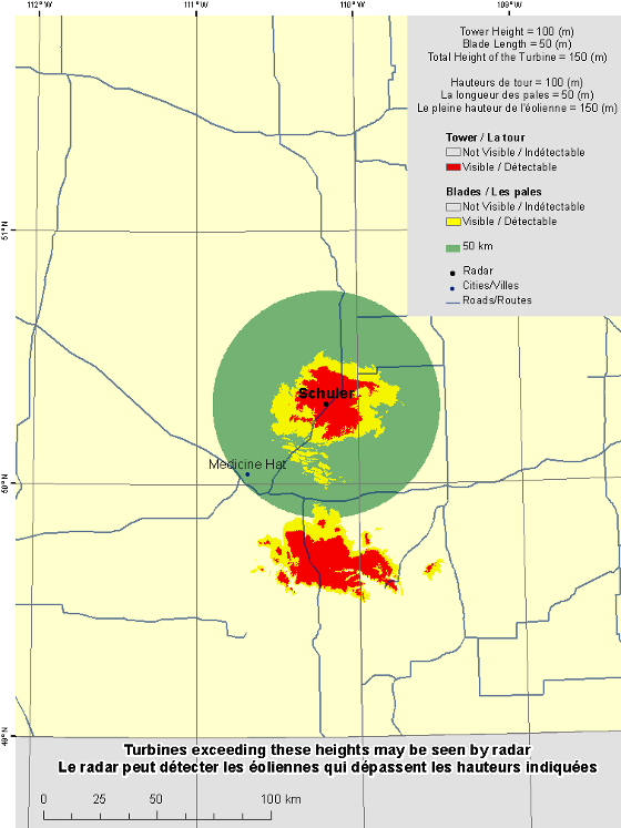 This map shows a view of the Schuler weather radar located at coordinates 50.31260° latitude and -110.19552° longitude. A circle is defined around the radar with a radius of 50 km. There is also a coloured region indicating the locations where a turbine is visible to the radar. As well, major cities and roads are shown. An explanation on how to view this map can be found in the section “How to view the map”.