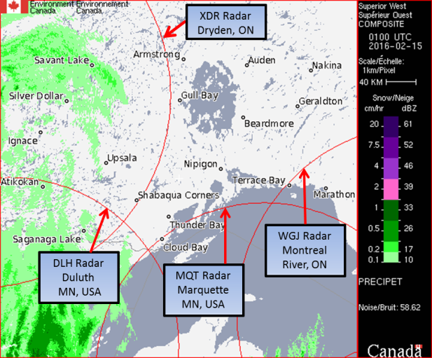 Example of composite image built using neighboring radars data during an outage of Superior West radar.