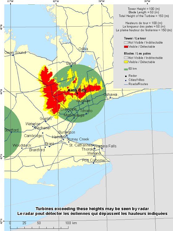 This map shows a view of the King City weather radar located at coordinates 43.96389° latitude and -79.57389° longitude. A circle is defined around the radar with a radius of 50 km. There is also a coloured region indicating the locations where a turbine is visible to the radar. As well, major cities and roads are shown. An explanation on how to view this map can be found in the section “How to view the map”.