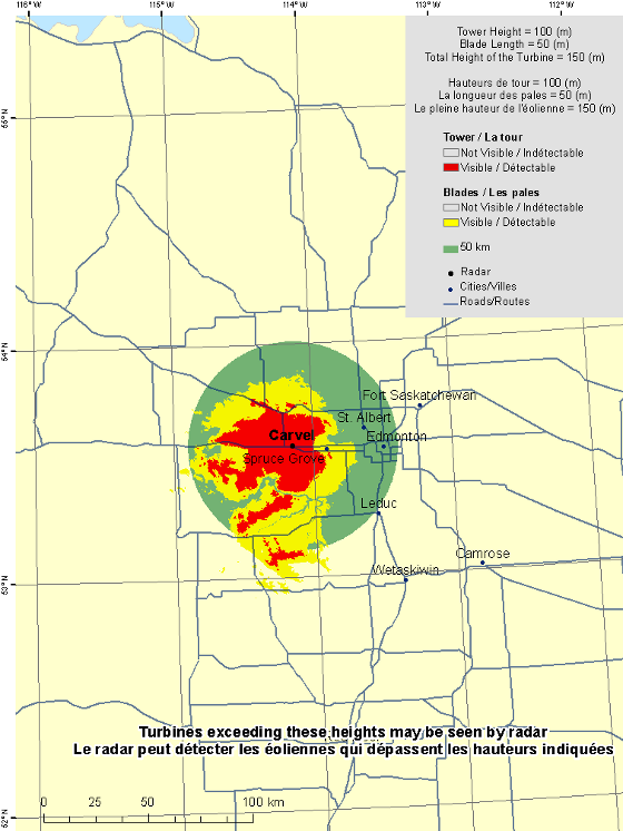 La présente carte illustre une vue du radar météorologique Carvel situé aux coordonnées 53,56052° de latitude et -114,14481° de longitude. Un cercle est défini représentant un rayon de 50 km à partir du radar. Il y a également une région colorée qui indique les endroits où une éolienne peut être détectée par le radar. De même, les villes et routes principales sont indiquées. Une explication sur la façon de lire cette carte se trouve dans la partie « Examen de la carte ».