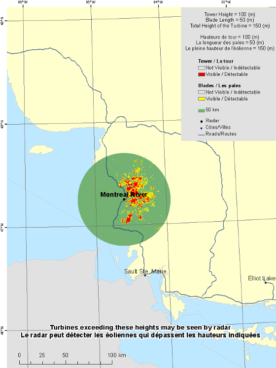 This map shows a view of the Montreal River weather radar located at coordinates 47.24773° latitude and -84.59652° longitude. A circle is defined around the radar with a radius of 50 km. There is also a coloured region indicating the locations where a turbine is visible to the radar. As well, major cities and roads are shown. An explanation on how to view this map can be found in the section “How to view the map”.