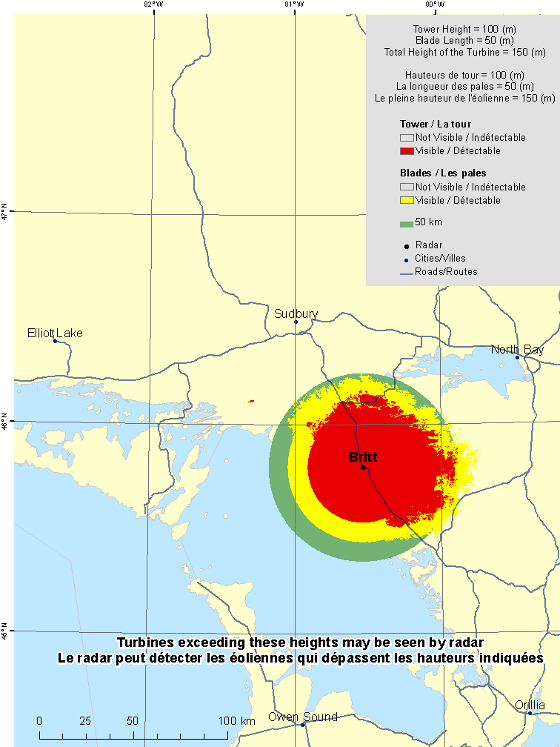 This map shows a view of the Britt weather radar located at coordinates 45.79313° latitude and -80.53378° longitude. A circle is defined around the radar with a radius of 50 km. There is also a coloured region indicating the locations where a turbine is visible to the radar. As well, major cities and roads are shown. An explanation on how to view this map can be found in the section “How to view the map”.