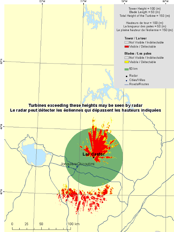 This map shows a view of the Lac Castor weather radar located at coordinates 48.57542° latitude and -70.66732° longitude. A circle is defined around the radar with a radius of 50 km. There is also a coloured region indicating the locations where a turbine is visible to the radar. As well, major cities and roads are shown. An explanation on how to view this map can be found in the section “How to view the map”.