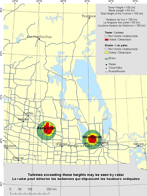 La présente carte illustre les sites radars se trouvant au Manitoba. Un cercle défini représentant un rayon de 50 km est tracé à partir de chaque radar, indiquant la zone de consultation. La région colorée autour de chaque radar indique les endroits où une éolienne peut être détectée par le radar.  Les villes principales de la province sont indiquées. Une explication sur la façon de lire cette carte se trouve dans la partie « Examen de la carte ».