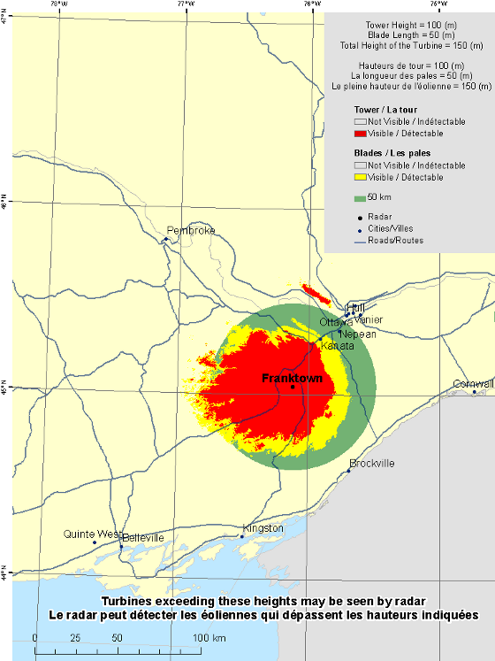 This map shows a view of the Franktown weather radar located at coordinates 45.04099° latitude and -76.11623° longitude. A circle is defined around the radar with a radius of 50 km. There is also a coloured region indicating the locations where a turbine is visible to the radar. As well, major cities and roads are shown. An explanation on how to view this map can be found in the section “How to view the map”.