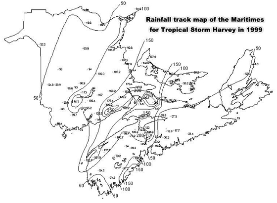 Rainfall track map of the Maritimes for Tropical Storm Harvey in 1999