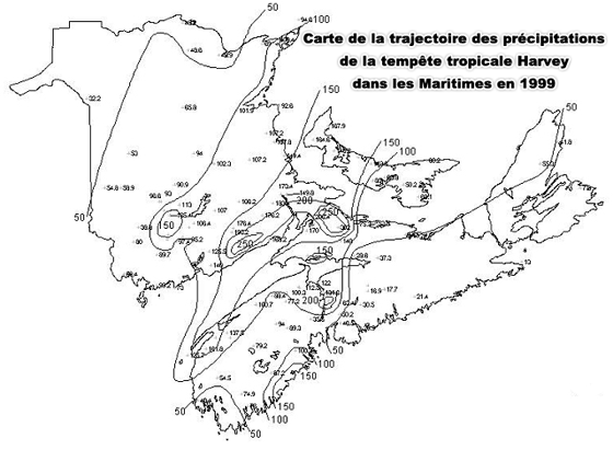 Carte de la trajectoire des précipitations de la tempête tropicale Harvey dans les Maritimes en 1999