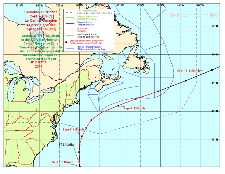 Tempêtes d'origine tropicale dans la zone de responsabilité du Centre canadien de prévision d'ouragan. L'ouragan N ° 12 - Katia