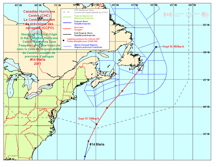 Tempêtes d'origine tropicale dans la zone de responsabilité du Centre canadien de prévision d'ouragan. L'ouragan N ° 14 - Maria.