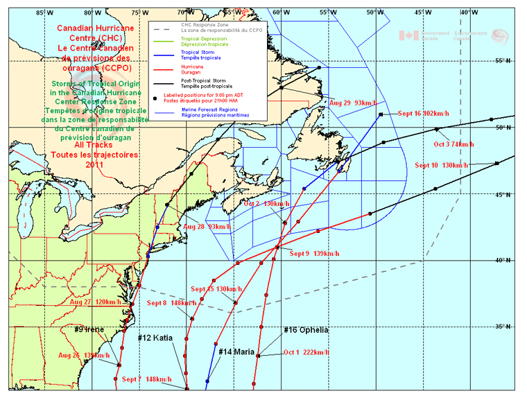 Tempêtes d'origine tropicale dans la zone de responsabilité du Centre canadien de prévision d'ouragan. Toutes les trajectories, 2011.