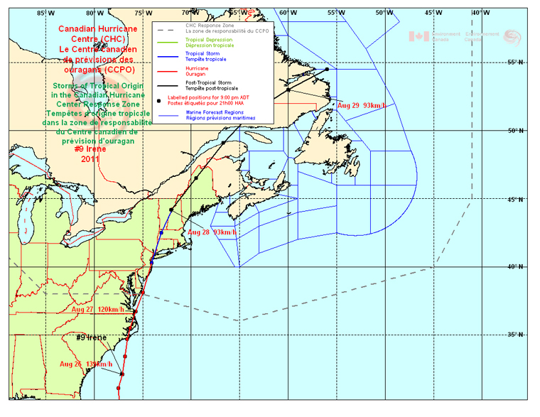 Tempêtes d'origine tropicale dans la zone de responsabilité du Centre canadien de prévision d'ouragan. L'ouragan N ° 9 - Irene.