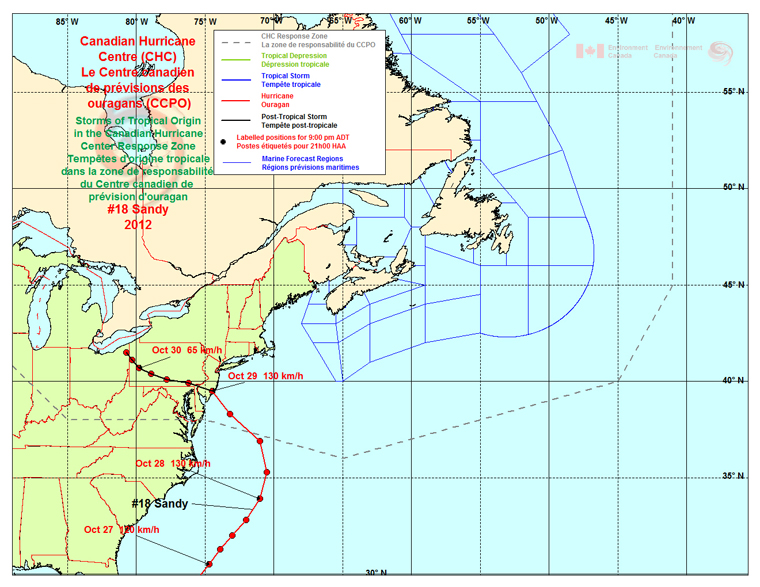 Storms of tropical origins in the Canadian Hurricane Centre Response Zone.Track map for Hurricane Sandy. See below for more details.