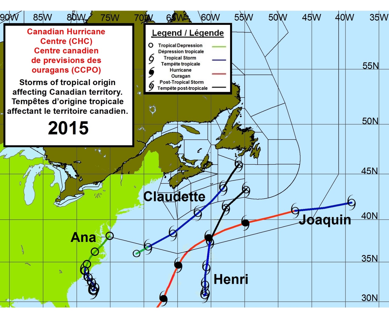 Un échantillon - Suivre carte de tous les ouragans dans la zone canadienne des ouragans réponse centre pour 2015 