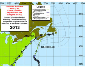 Un échantillon - Suivre carte de tous les ouragans dans la zone canadienne des ouragans réponse centre pour 2013