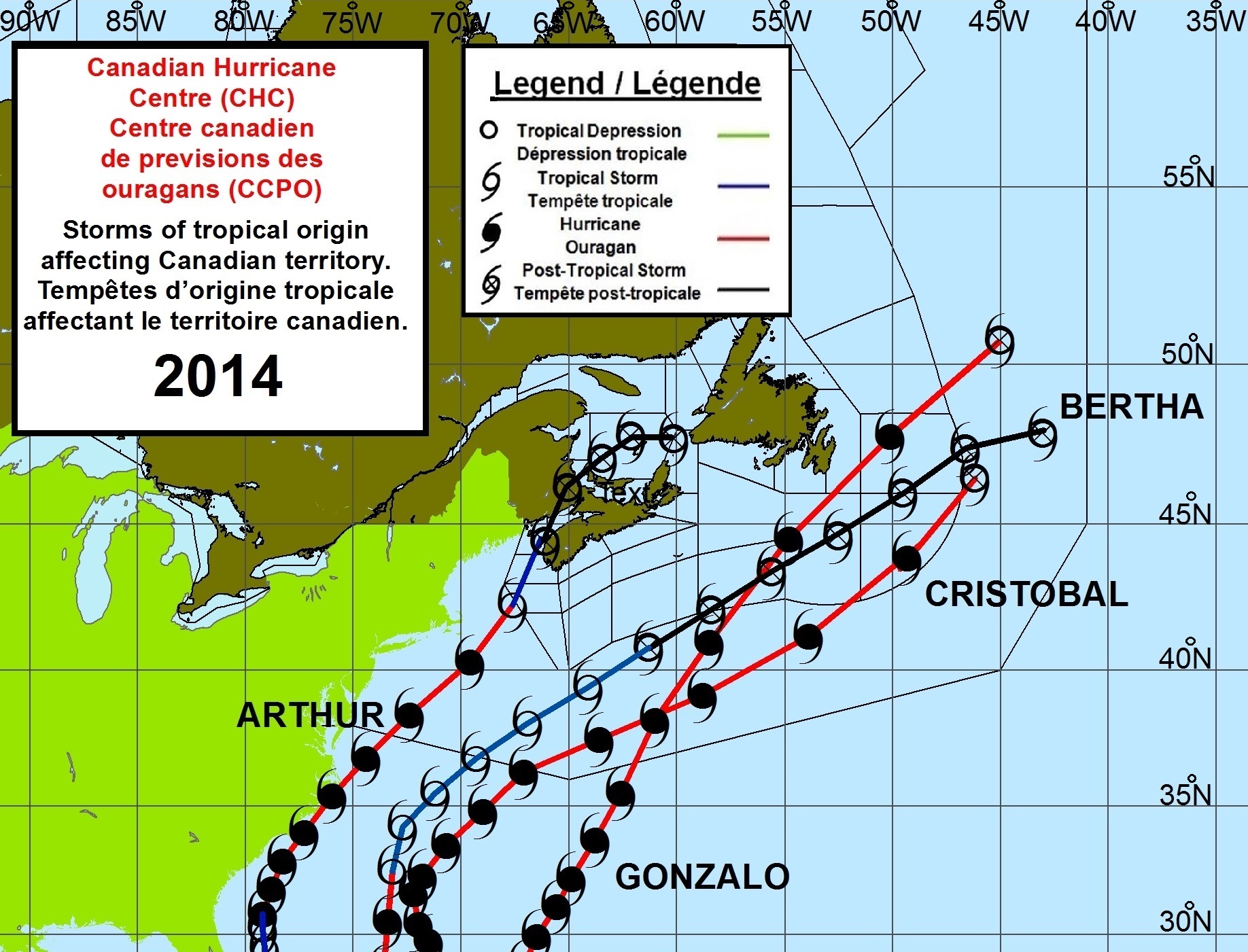 Un échantillon - Suivre carte de tous les ouragans dans la zone canadienne des ouragans réponse centre pour 2014
