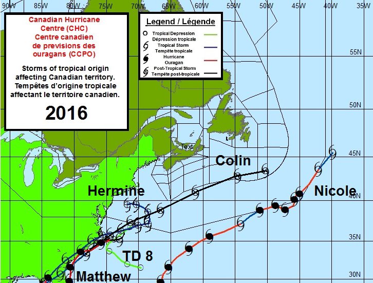 Un échantillon - Suivre carte de tous les ouragans dans la zone canadienne des ouragans réponse centre pour 2016 