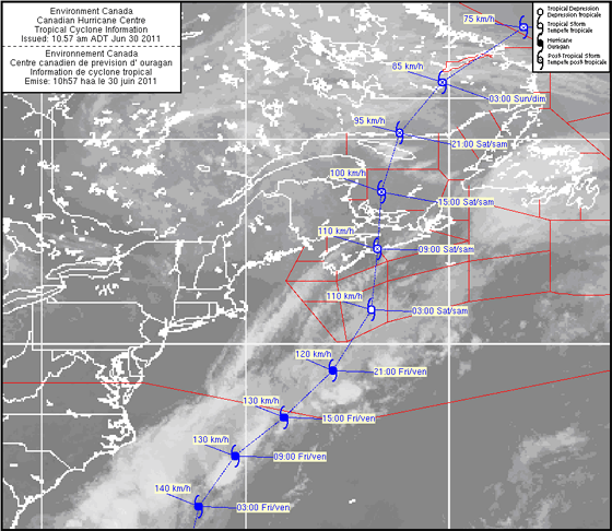 Exemple d’une prévision de carte de trajectoire du centre canadien de prévision des ouragans. Les détails de la carte de trajectoire complète sont énumérés dans la section ci-dessous.
