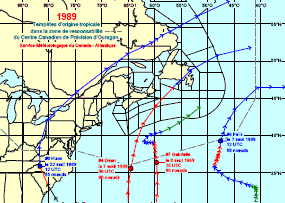 Image de trajectoires de tempêtes en 1989