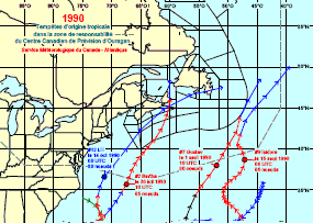 Image de trajectoires de tempêtes en 1990