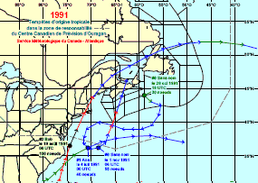 Image de trajectoires de tempêtes en 1991