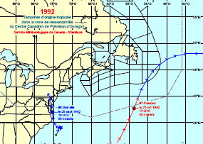 Image de trajectoires de tempêtes en 1992