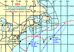 Image de trajectoires de tempêtes en 1993