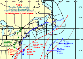 Image de trajectoires de tempêtes en 1999