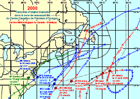 Image de trajectoires de tempêtes en 1990