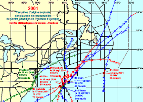Image de trajectoires de tempêtes en 1991
