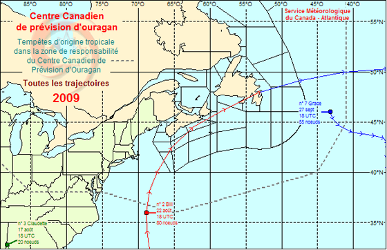 Image de trajectoires de tempêtes en 2009