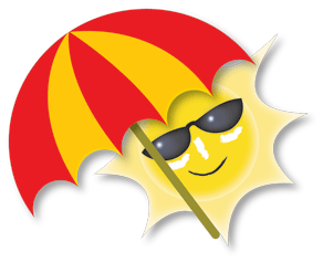 Cartoon sun with sunglasses and umbrella