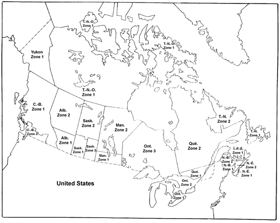 Carte des zones de chasse au Canada