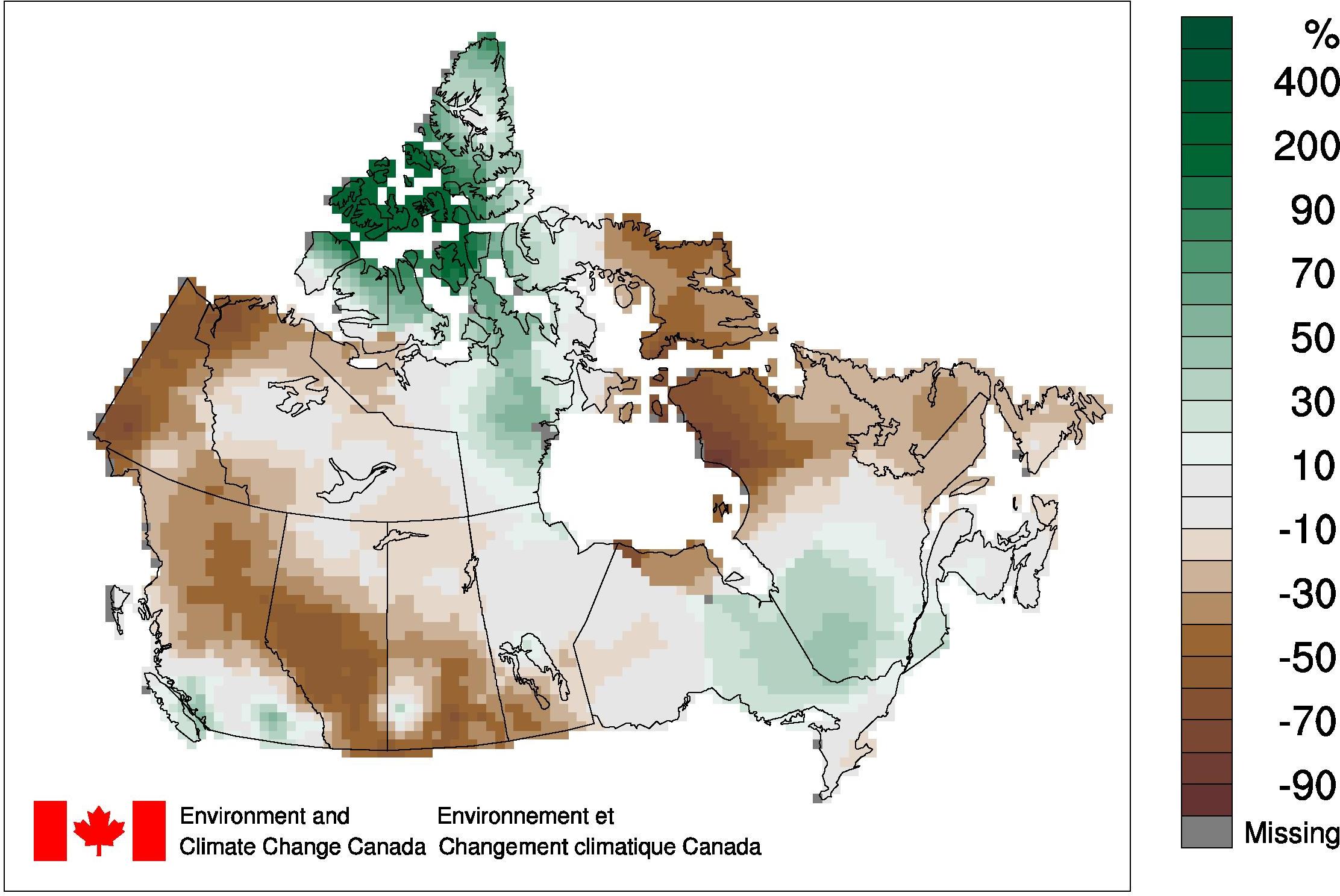 A map that shows the Precipitation Departures from the 1961-1990 (see long description below)