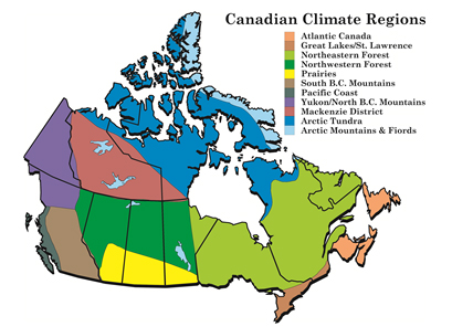 A map that shows the Canadian Climate Regions (see long description below)