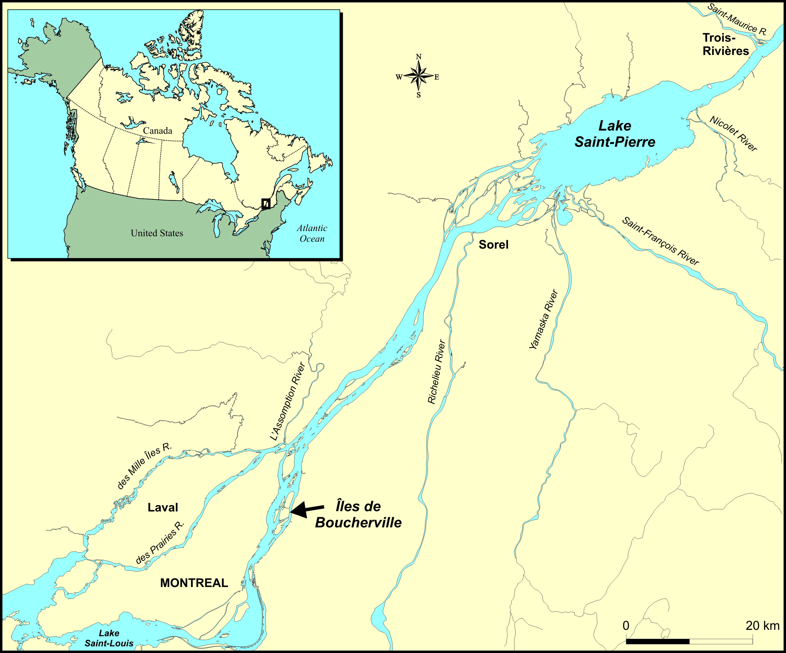 Map illustrating Canada and United States in mortise with a zoom on the fluvial sector of the St. Lawrence River between Montreal and Trois-Rivières including the Boucherville Islands