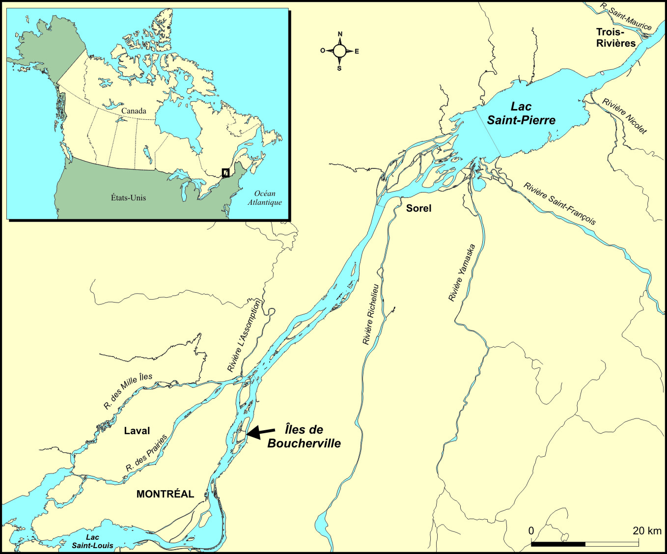 Carte illustrant le Canada et les États-Unis en mortaise avec un agrandissement sur le tronçon fluvial du Saint-Laurent entre Montréal et Trois-Rivières, incluant les Îles de Boucherville