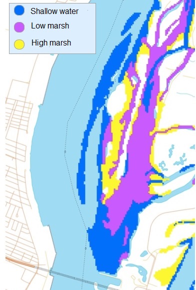 Map of the Boucherville Islands showing different types of wetlands in 1970, such as shallow water in blue, low marsh in pink and high marsh in yellow. High marshes are less present in comparison to low marshes and shallow water