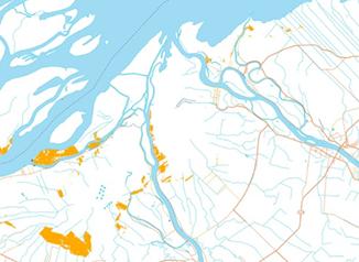 Map illustrating the mouth of Yamaska River at lake Saint-Pierre where yellow areas indicate the disappearance of wetlands for the benefit of agriculutre between 1990 and 2010