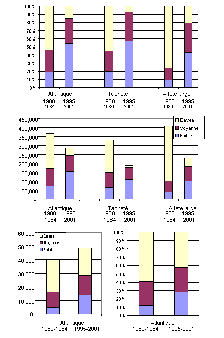 igure 3. Modifications de l’aire de répartition d’A. denticulatus, d’A. minor et d’A. lupus entre 1980 et 2001 d’après les relevés d’automne réalisés dans la région de Terre-Neuve et du Labrador (comprend les Grands Bancs, le nord-est du plateau de Terre-Neuve et le sud du plateau continental du Labrador).