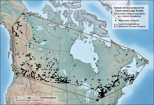 Map of Canada showing extent of occurrence (see long description below)