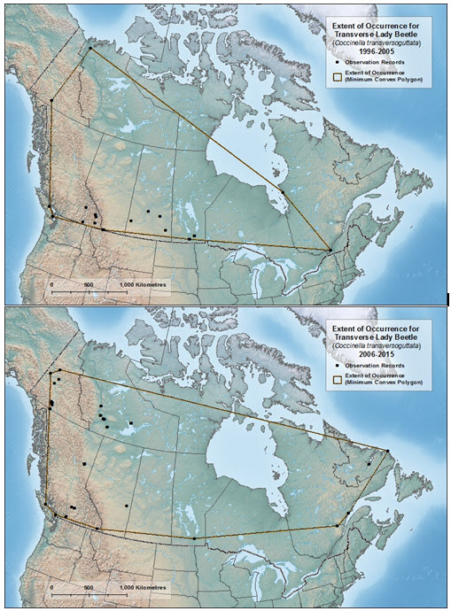 Two map panels of Canadashowing showing extent of occurrence (see long description below)